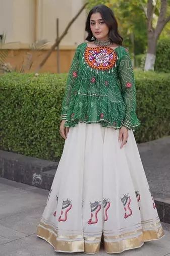 kora cotton bandhani lehenga choli with gota lace & kutchi gamthi patchwork - full stitched free size