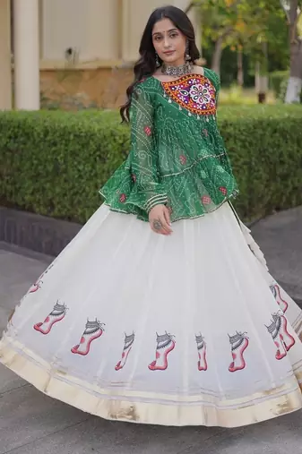 kora cotton bandhani lehenga choli with gota lace & kutchi gamthi patchwork - full stitched free size