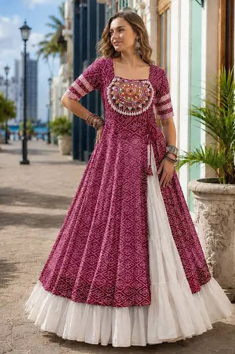 Maroon&White Cotton Readymade Navratri Lehenga Choli with Bandhej & Patchework