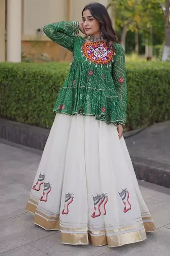 kora cotton bandhani lehenga choli with gota lace & kutchi gamthi patchwork - full stitched free size