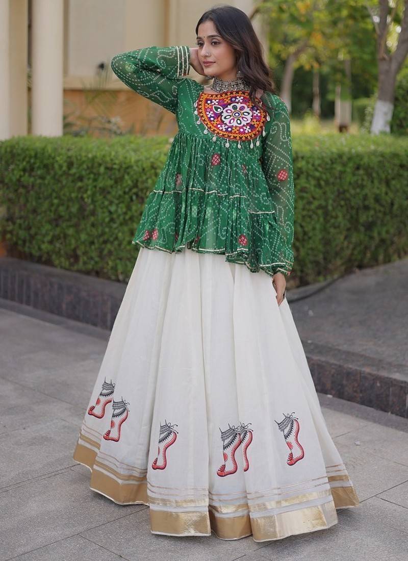 kora cotton bandhani lehenga choli with gota lace & kutchi gamthi patchwork - full stitched free size