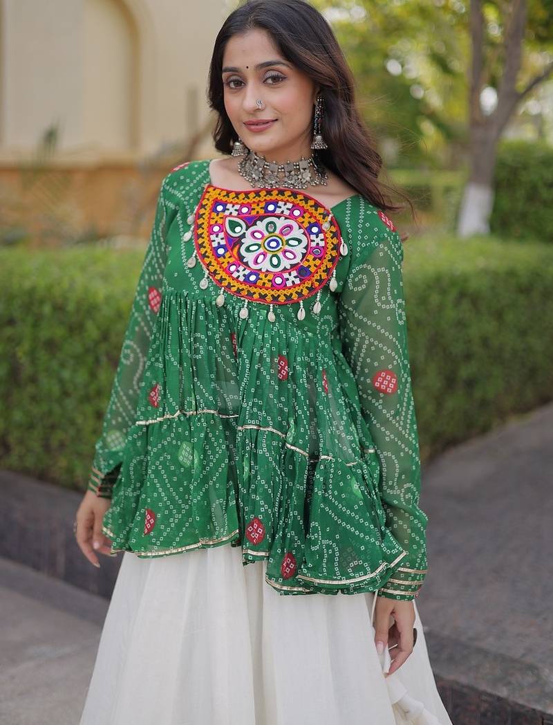 kora cotton bandhani lehenga choli with gota lace & kutchi gamthi patchwork - full stitched free size