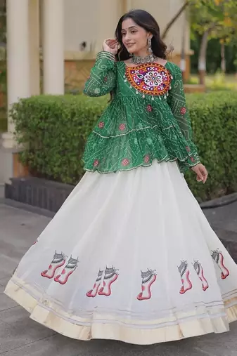 kora cotton bandhani lehenga choli with gota lace & kutchi gamthi patchwork - full stitched free size
