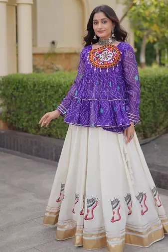 kora cotton bandhani lehenga choli with gota lace & kutchi gamthi patchwork - full stitched free size