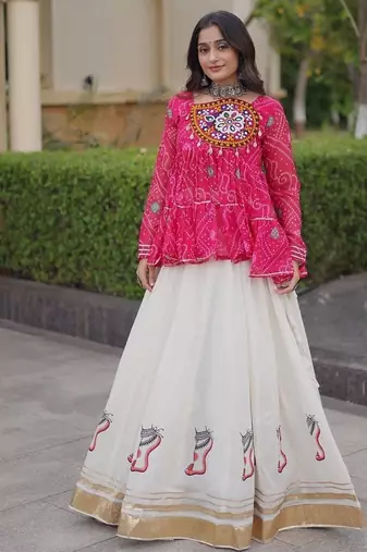 kora cotton bandhani lehenga choli with gota lace & kutchi gamthi patchwork - full stitched free size