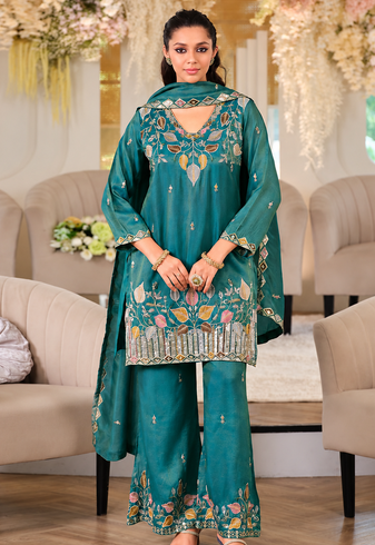 premium teal embroidered pakistani suit with dupatta  designer salwar kameez set