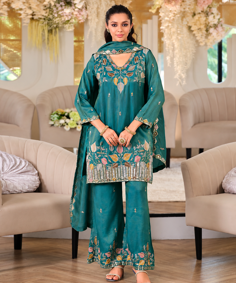 premium teal embroidered pakistani suit with dupatta  designer salwar kameez set