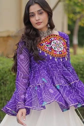 kora cotton bandhani lehenga choli with gota lace & kutchi gamthi patchwork - full stitched free size