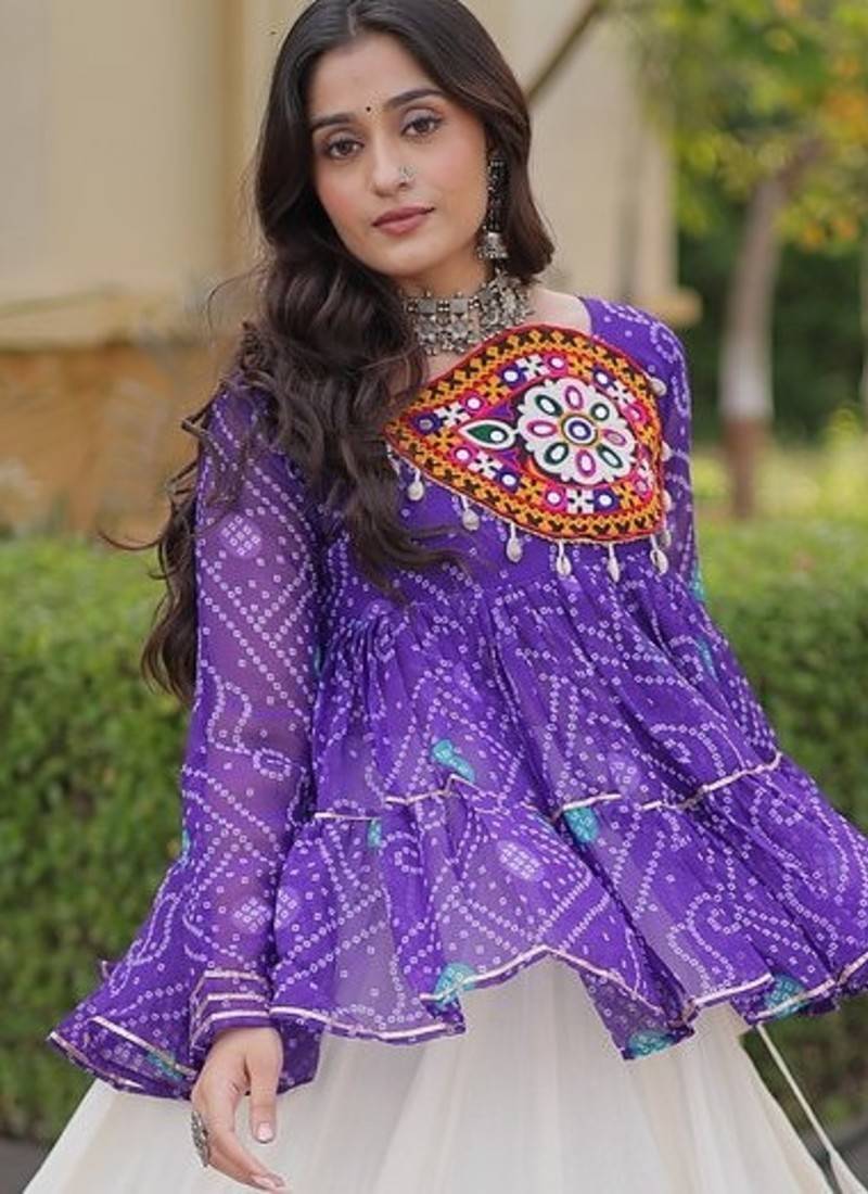 kora cotton bandhani lehenga choli with gota lace & kutchi gamthi patchwork - full stitched free size