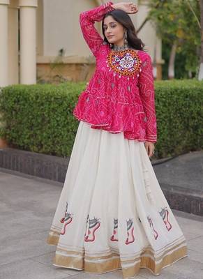 kora cotton bandhani lehenga choli with gota lace & kutchi gamthi patchwork - full stitched free size 2