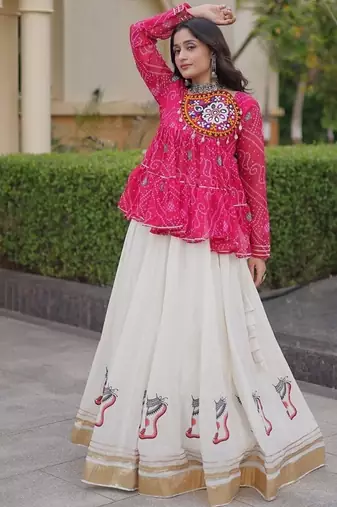 kora cotton bandhani lehenga choli with gota lace & kutchi gamthi patchwork - full stitched free size