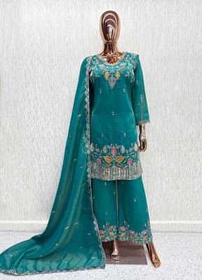 premium teal embroidered pakistani suit with dupatta  designer salwar kameez set 3