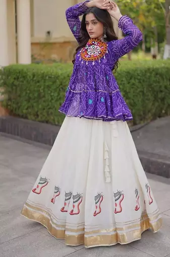 kora cotton bandhani lehenga choli with gota lace & kutchi gamthi patchwork - full stitched free size