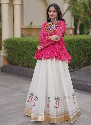 kora cotton bandhani lehenga choli with gota lace & kutchi gamthi patchwork - full stitched free size 3