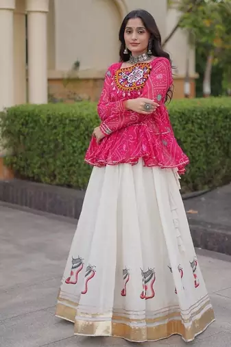 kora cotton bandhani lehenga choli with gota lace & kutchi gamthi patchwork - full stitched free size
