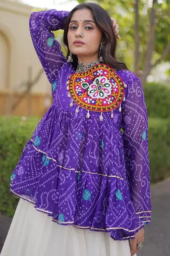 kora cotton bandhani lehenga choli with gota lace & kutchi gamthi patchwork - full stitched free size