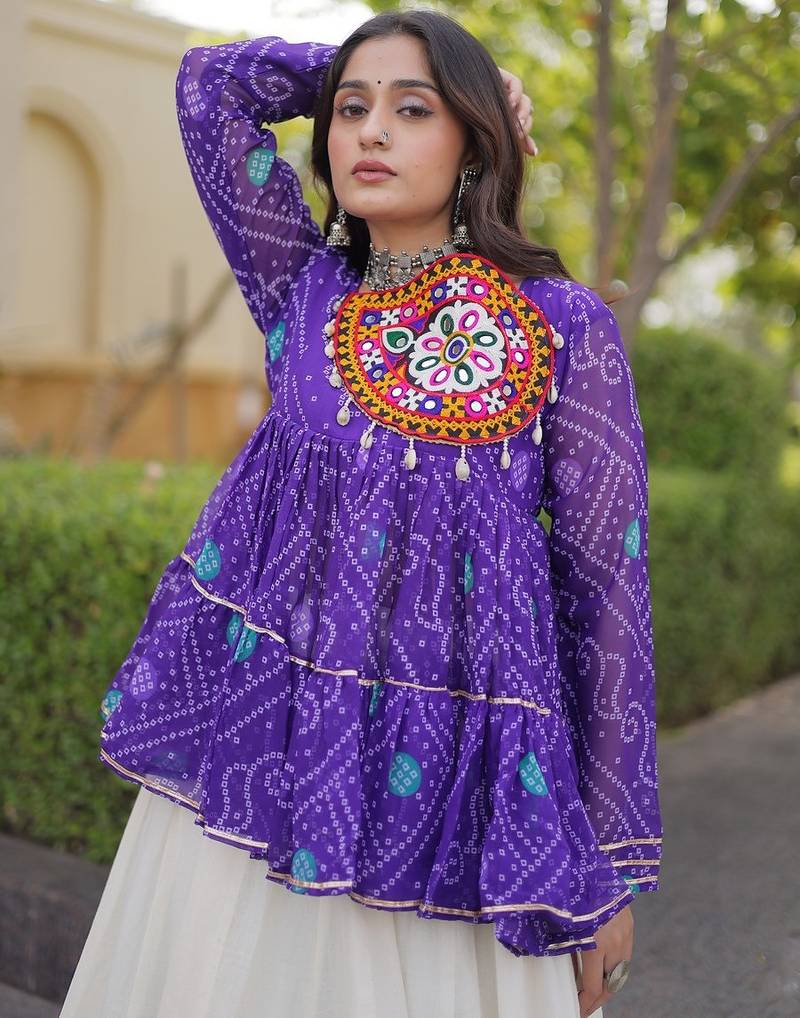 kora cotton bandhani lehenga choli with gota lace & kutchi gamthi patchwork - full stitched free size
