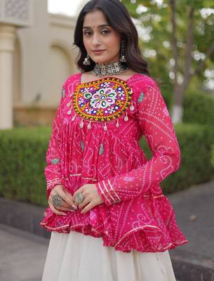kora cotton bandhani lehenga choli with gota lace & kutchi gamthi patchwork - full stitched free size 4