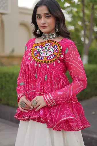kora cotton bandhani lehenga choli with gota lace & kutchi gamthi patchwork - full stitched free size