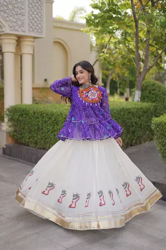 kora cotton bandhani lehenga choli with gota lace & kutchi gamthi patchwork - full stitched free size