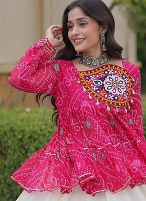 kora cotton bandhani lehenga choli with gota lace & kutchi gamthi patchwork - full stitched free size 5