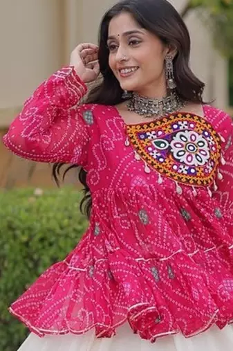 kora cotton bandhani lehenga choli with gota lace & kutchi gamthi patchwork - full stitched free size