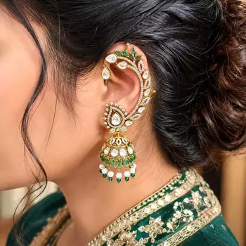Kundan Ear Cuff Earrings, Indian Bridal Ear Wrap Jhumka, Green White Statement Wedding Jewelry 1
