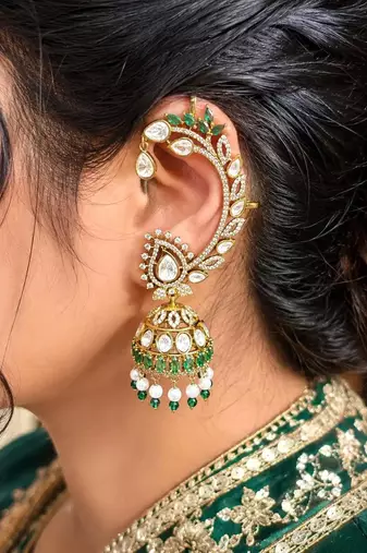 Kundan Ear Cuff Earrings, Indian Bridal Ear Wrap Jhumka, Green White Statement Wedding Jewelry
