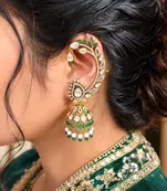 Kundan Ear Cuff Earrings, Indian Bridal Ear Wrap Jhumka, Green White Statement Wedding Jewelry