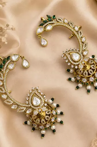 Kundan Ear Cuff Earrings, Indian Bridal Ear Wrap Jhumka, Green White Statement Wedding Jewelry