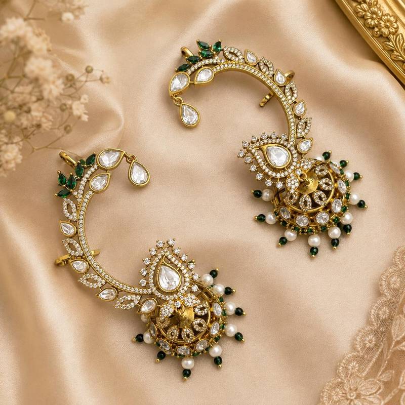 Kundan Ear Cuff Earrings, Indian Bridal Ear Wrap Jhumka, Green White Statement Wedding Jewelry