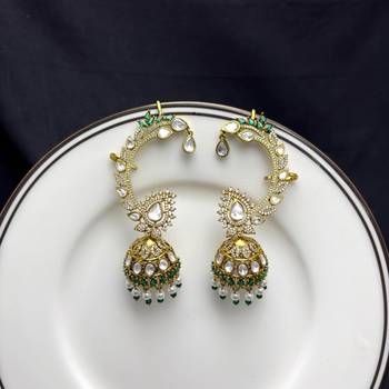 Kundan Ear Cuff Earrings, Indian Bridal Ear Wrap Jhumka, Green White Statement Wedding Jewelry 3