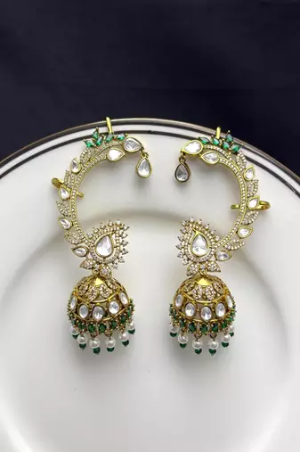 Kundan Ear Cuff Earrings, Indian Bridal Ear Wrap Jhumka, Green White Statement Wedding Jewelry