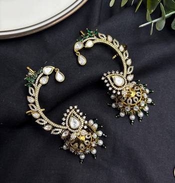 Kundan Ear Cuff Earrings, Indian Bridal Ear Wrap Jhumka, Green White Statement Wedding Jewelry 4