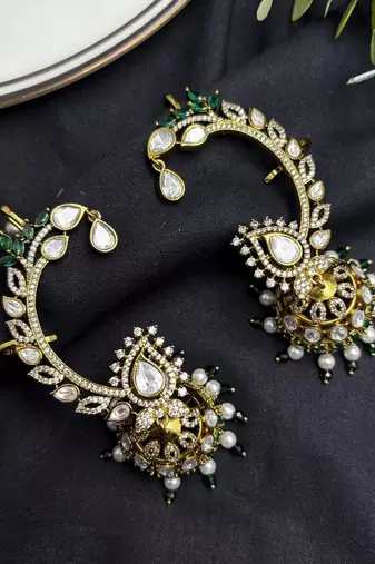 Kundan Ear Cuff Earrings, Indian Bridal Ear Wrap Jhumka, Green White Statement Wedding Jewelry