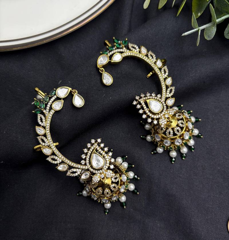 Kundan Ear Cuff Earrings, Indian Bridal Ear Wrap Jhumka, Green White Statement Wedding Jewelry