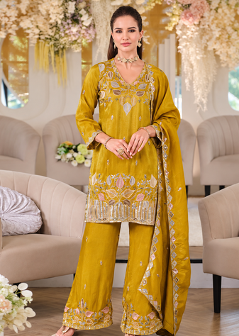 premium mustard yellow embroidered pakistani suit with dupatta  designer salwar kameez set