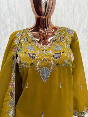 premium mustard yellow embroidered pakistani suit with dupatta  designer salwar kameez set 4