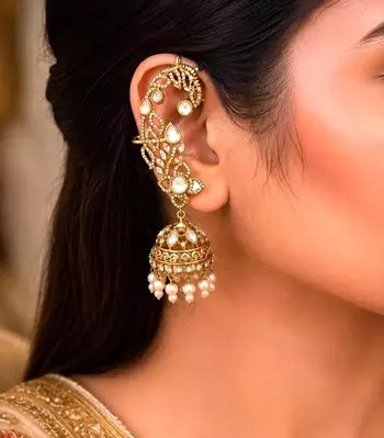 Kundan Ear Cuff Earrings, Gold Jhumka, Pearl Drop Ear Crawler, Bridal Festive Jewelry 1