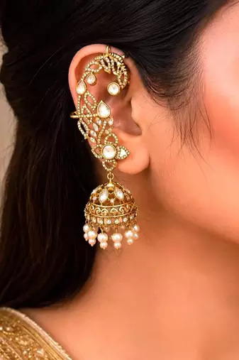 Kundan Ear Cuff Earrings, Gold Jhumka, Pearl Drop Ear Crawler, Bridal Festive Jewelry