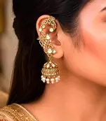 Kundan Ear Cuff Earrings, Gold Jhumka, Pearl Drop Ear Crawler, Bridal Festive Jewelry