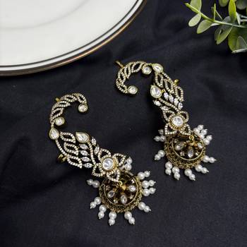 Kundan Ear Cuff Earrings, Gold Jhumka, Pearl Drop Ear Crawler, Bridal Festive Jewelry 2