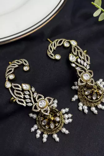 Kundan Ear Cuff Earrings, Gold Jhumka, Pearl Drop Ear Crawler, Bridal Festive Jewelry