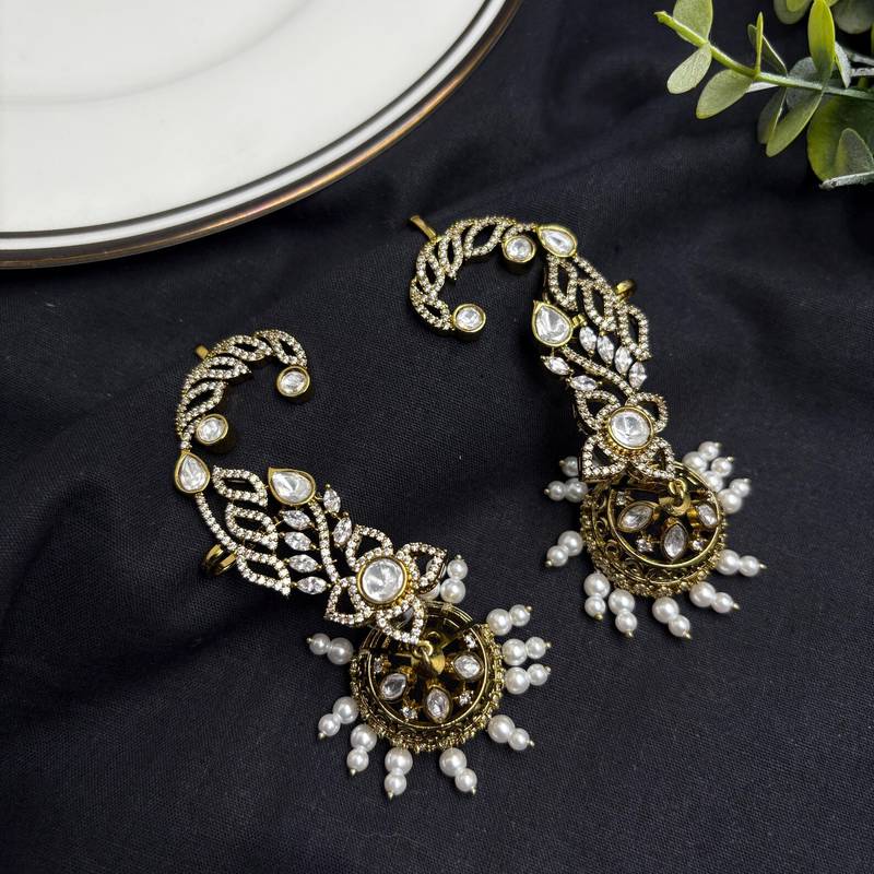 Kundan Ear Cuff Earrings, Gold Jhumka, Pearl Drop Ear Crawler, Bridal Festive Jewelry