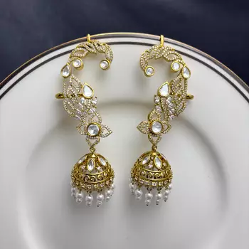 Kundan Ear Cuff Earrings, Gold Jhumka, Pearl Drop Ear Crawler, Bridal Festive Jewelry 3