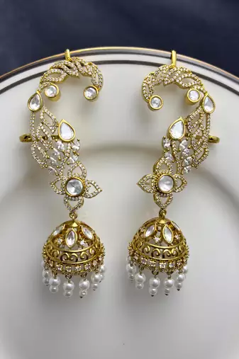 Kundan Ear Cuff Earrings, Gold Jhumka, Pearl Drop Ear Crawler, Bridal Festive Jewelry