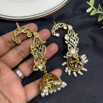 Kundan Ear Cuff Earrings, Gold Jhumka, Pearl Drop Ear Crawler, Bridal Festive Jewelry 4