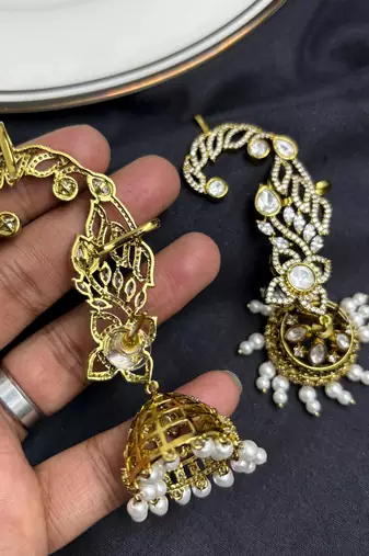 Kundan Ear Cuff Earrings, Gold Jhumka, Pearl Drop Ear Crawler, Bridal Festive Jewelry