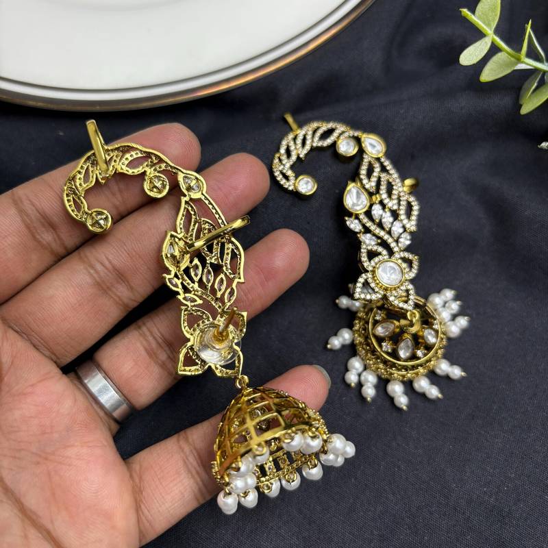 Kundan Ear Cuff Earrings, Gold Jhumka, Pearl Drop Ear Crawler, Bridal Festive Jewelry