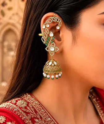Kundan Ear Cuff Earrings, Indian Bridal Jhumka, Emerald Pearl Ear Wrap 1